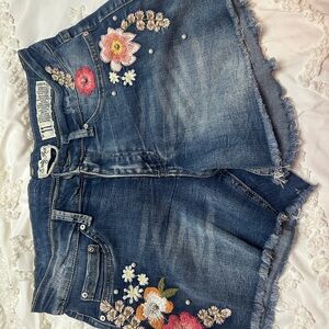 Indigo Rein Blue Jean Shorts with Floral Embroidery